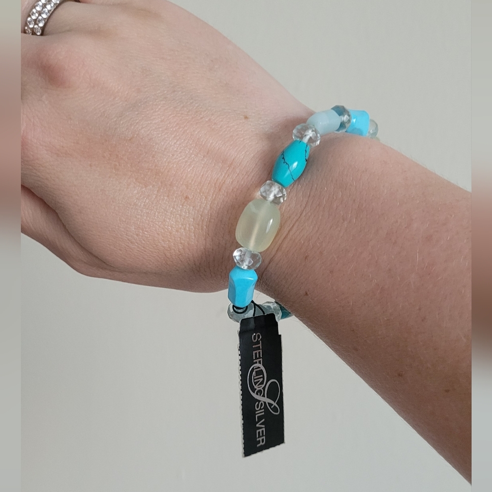 Sterling Silver Brand Genuine Stone and Beaded Turquoise Stretch Bracelet.